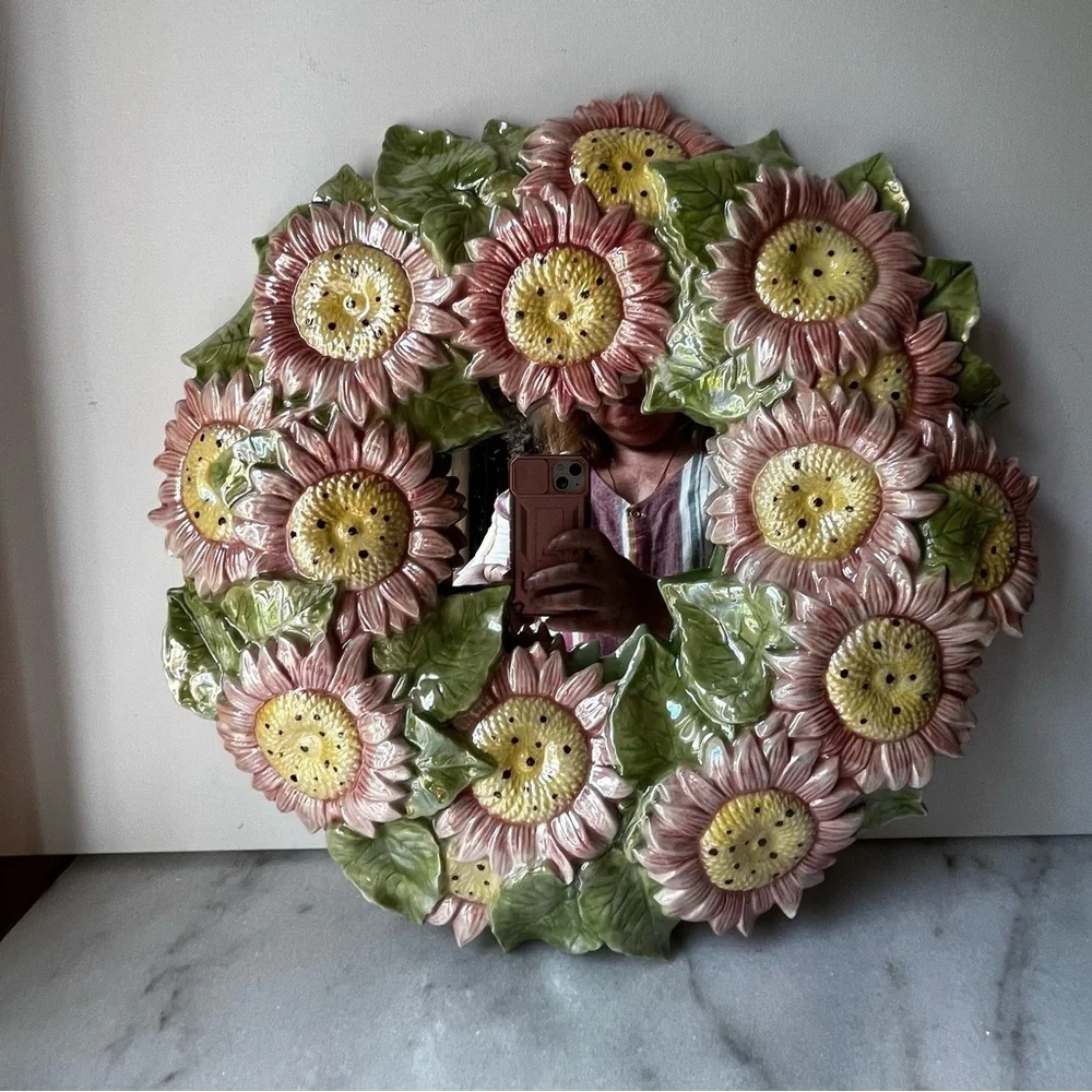 Floral Sunflower Wall Mirror - Pink and Green majolica ceramic artist mirror